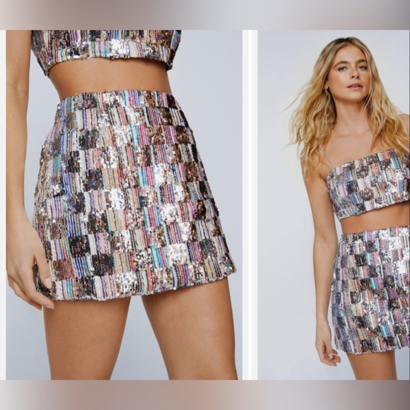 Silver Sequin Multi Checkerboard Mini Skirt Sz S New - Picture 13 of 13